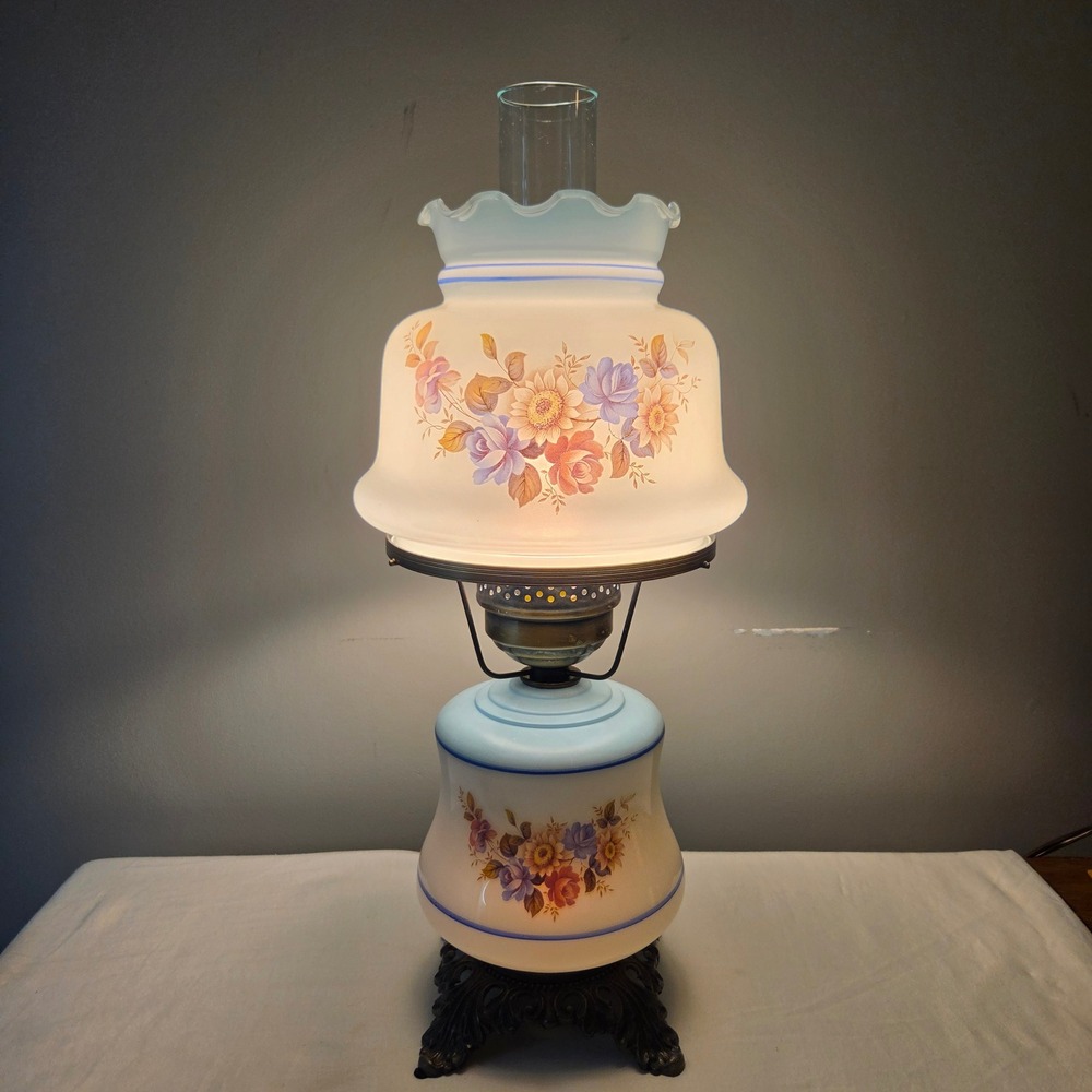 Vtg Gone With The Wind Style Floral Glass Dual Hurricane Parlor Lamp 20" Blue